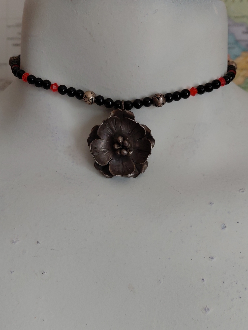 Black Onyx Choker With Sterling Poppy Pendant